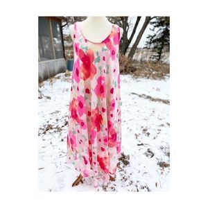 90s Crocus Free Size Pink White Floral Tank Dress Asymmetric Beach Chiffon Rayon